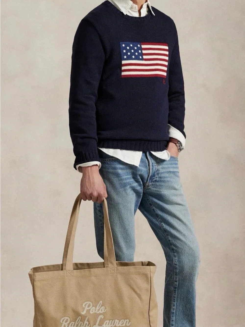 Polo Ralph Lauren CLASSIC TAN Cotton Chain Stitch Embroidered Canvas Tote Bag